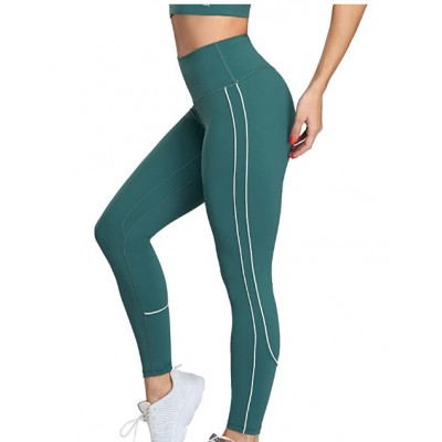 Green Workout Leggings for Women Yoga Pants Leggings Stripes on Side, Tummy Control High Waisted